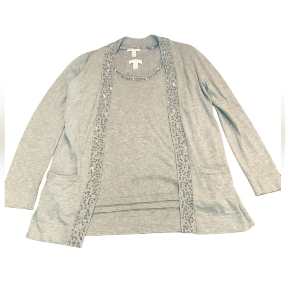 Charter club light gray open cardigan and sweater tank sweater set with sequins